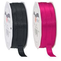 2x rollen satijn sierlint/cadeaulint - zwart en fuchsia roze - 1 cm x 25m p/rol