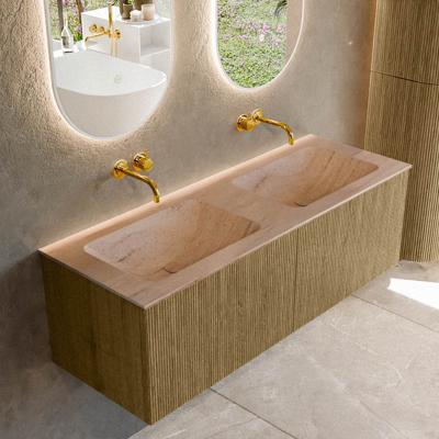 Badmeubel Mondiaz Kurve-Dlux | 130 cm | Meubelkleur Dusk | Wastafelkleur Saba | Solid surface | Wasbak beide zijden spoelbak | Zonder kraangat(en)