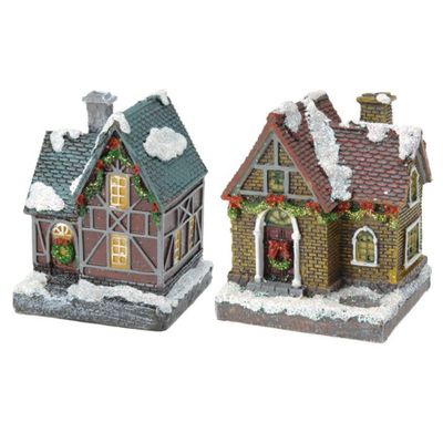 2x Kersthuisjes/kerstdorpje met gekleurde verlichting 13 cm