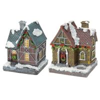 2x Kersthuisjes/kerstdorpje met gekleurde verlichting 13 cm