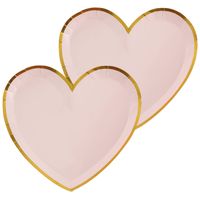 Santex feest wegwerpbordjes - hartje - 20x stuks - 23 cm - roze/goud - Feestbordjes