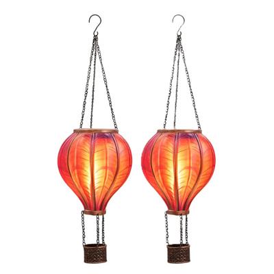 Solar luchtballon lantaarn - 2x - roze - hangend - 20 led lampjes - vlam effect - 14 x 45 cm