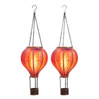 Solar luchtballon lantaarn - 2x - roze - hangend - 20 led lampjes - vlam effect - 14 x 45 cm