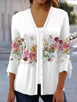 Floral Casual V Neck Knitted Kimono - thumbnail