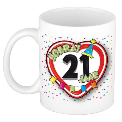 Verjaardag cadeau mok leeftijd 21 jaar - hartje verkeersbord - multi - keramiek - 300 ml