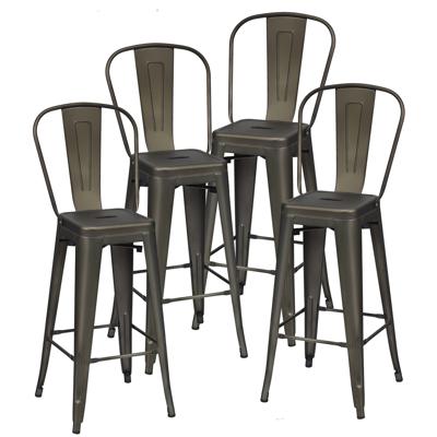 Set van 4 Barkrukken Stapelbaar Zithoogte 76 cm Bistrostoel met Afneembare Rugleuning en Voetkussens Keukenkruk van Metaal Vintage