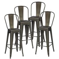 Set van 4 Barkrukken Stapelbaar Zithoogte 76 cm Bistrostoel met Afneembare Rugleuning en Voetkussens Keukenkruk van Metaal Vintage