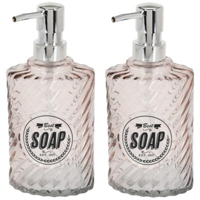 Items Zeeppompje/dispenser - 2x - 17 cm - glas - oranje - 300 ml - navulbaar - toilet/badkamer/keuke