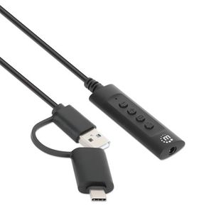 Manhattan USB-kabel Jackplug-bus 3,5 mm, USB-A stekker, USB-C stekker 1 m Zwart Met volumeregeling 153560