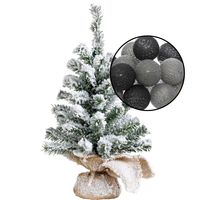 Mini kerstboompje met sneeuw -incl. verlichting bollen zwart/grijs- H45 cm - thumbnail