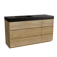 Storke Edge staand badmeubel 150 x 52 cm ruw eiken met Scuro High asymmetrisch linkse wastafel in kwarts mat zwart