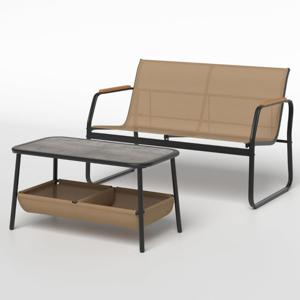 2-Delige Terrasmeubelset Dubbele Stoel en Koffietafel voor Buiten met 2 Opbergvakken Ademende Stof en Metalen Frame voor Balkon Veranda