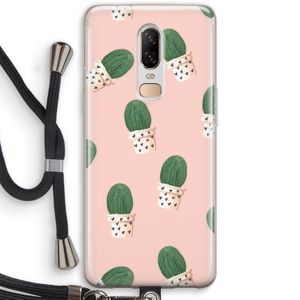 Cactusprint roze: OnePlus 6 Transparant Hoesje met koord