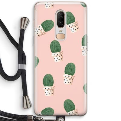 Cactusprint roze: OnePlus 6 Transparant Hoesje met koord