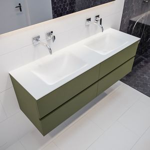 Mondiaz Vica Cloud badmeubel groen mat 150 cm 4 lades solid surface dubbele spoelbak zonder kraangat