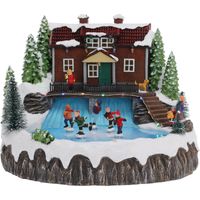 Kerstdorp huis met bewegende schaatsers, muziek en licht - 29x28x23 cm