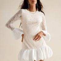 Bon&Bon White Lace Mini Dress - Elegant Flare Sleeve Ruffle Hem S
