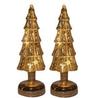 Kerstboom beeldje - 2x - goud - met LED licht - 27 cm - glas - decoratie kerstboompje