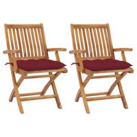 Tuinstoelen 2 st met wijnrode kussens massief teakhout