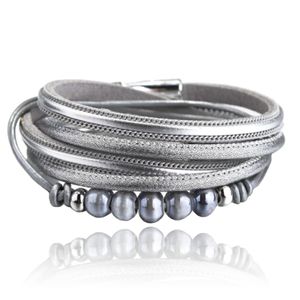 Grijze multilayer Boho armband rondgenaaid PU leer en kralen