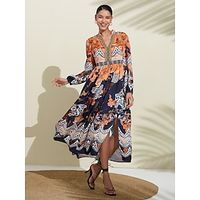 Boho-jurk met elastische manchetten en bloemenv-hals