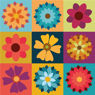 Vinyl tapijt tegels veelkleurige hippiebloemen