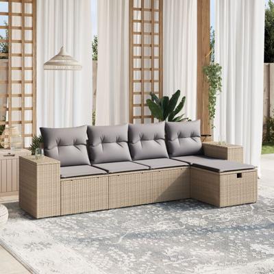5-delige Loungeset met kussens poly rattan gemengd beige