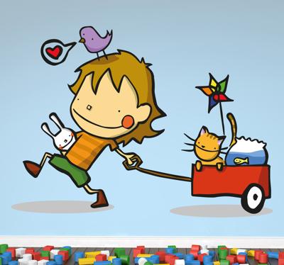 Muurstickers kinderkamer Muursticker kind met Wagentje