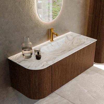 Badmeubel Mondiaz Kurve-Dlux | 115 cm | Meubelkleur Walnut | Wastafelkleur Glace | Solid surface | Rechts spoelbak | 1 kraangat