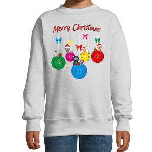 Kersttrui/sweater voor jongens/meisjes - kerstballen - grijs - poesjes - Merry Christmas