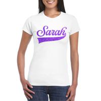 Verjaardag cadeau T-shirt voor dames - Sarah - wit - glitter paars - 50 jaar