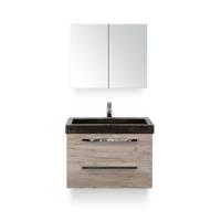 Seville Badmeubelset 80 cm - Craft Oak - Wastafel Hardsteen Wit Lucca - met Spiegelkast