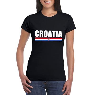 Kroatie supporters kleding t-shirt - voor dames - zwart - met vlag kleuren print - korte mouwen Kroatie supporters kleding t-shirt - voor dames - zwart - met vlag kleuren print - korte mouwen