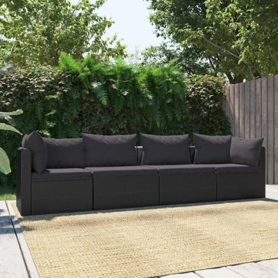 4-delige Loungeset met kussens poly rattan zwart