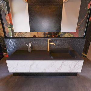 Badkamermeubelset Mondiaz Erin 150 cm met 1 Lade met RIDGE Wastafel Rechts Urban met 1 kraangat Greeploos Mat Carrara
