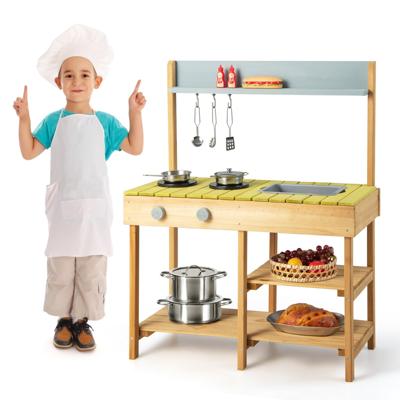 Houten Buitenkeuken Stabiele Kinderspeelkeuken met 3 Haken 2 Kookplaten Afneembaar Waterbak Natuur