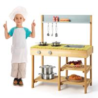 Houten Buitenkeuken Stabiele Kinderspeelkeuken met 3 Haken 2 Kookplaten Afneembaar Waterbak Natuur