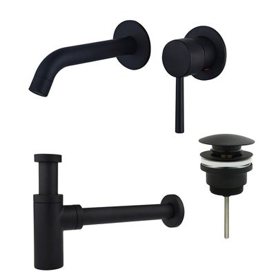 Fortifura Calvi Slim Wastafelkraanset - inbouw wastafelkraan - klikwaste plug - design sifon - Mat zwart SW377837/SW696199/SW696210