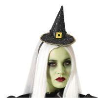 Halloween heksenhoed - mini hoedje op diadeem - one size - zwart/goud - meisjes/dames - thumbnail