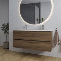 Adema Chaci Badkamermeubelset - 120x46x57cm - 2 ovale keramische wasbakken wit - 2 kraangaten - 2 lades - ronde spiegel met verlichting - noten (hout) SW1212779/SW718719/SW161923