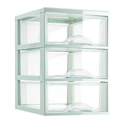 Ladeblokje/bureau organizer met 3x lades - transparant/mintgroen - L18 x B25 x H25 cm - plastic