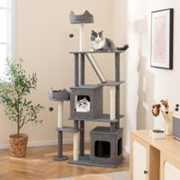 180 cm Krabpaal Groot Kattenboom met 2 Holletjes Platforms Kattenbed Sisalpalen Bal & Ladder en Sisalplank Kattenkrabpaal Katten Grijs