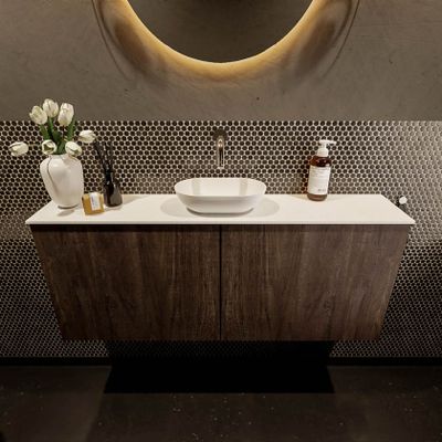 Mondiaz Fowy toiletmeubel 120cm dark brown met blad en waskom talc midden zonder kraangat