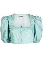 GANNI blouse crop à fleurs - Vert - thumbnail