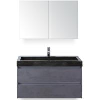 Dante Badmeubelset 100 cm - Beton Antraciet - Wastafel Hardsteen Wit Lucca met Spiegelkast