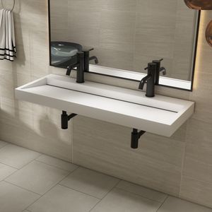 SHOWMODEL: Saniclear Hoya solid surface wastafel 120x45,5cm met 2 kraangaten mat wit