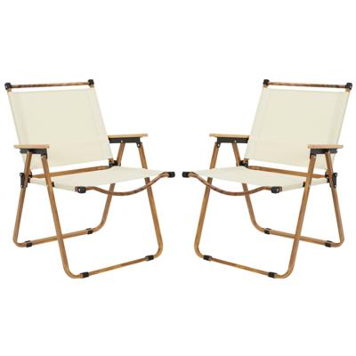 Home Deco Factory camping/strand stoel - 2x - hout/stof - inklapbaar - beige - L55 x B63 x H77 cm