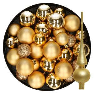 Kerstversiering kunststof kerstballen met piek goud 6-8-10 cm pakket van 49x stuks