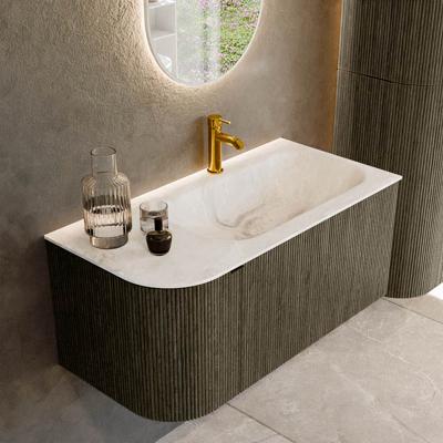 Badmeubel Mondiaz Kurve-Dlux | 95 cm cm | Meubelkleur Shadow | Wastafelkleur Frappe | Solid surface | Wasbak rechter zijde spoelbak | 1 kraangat
