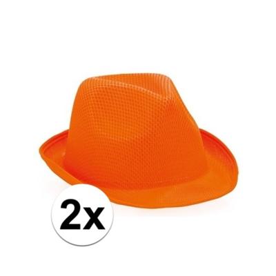 Verkleed trilby hoedje - 2x - oranje - polyester - volwassenen - Carnaval feest hoed Verkleed trilby hoedje - 2x - oranje - polyester - volwassenen - Carnaval feest hoed